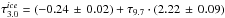\hbox{$\tau^{ice}_{3.0}=(-0.24\,\pm\,0.02)+\tau_{9.7}\cdot (2.22\,\pm\,0.09)$}