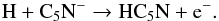 \begin{equation} \label{eq:HC5Nformation} \text{H} + \text{C}{_5}\text{N}{^-} \to \text{HC}{_5}\text{N} + {\rm e}{^-}. \end{equation}