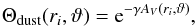 \begin{equation} \label{eq:Theta_dust} \Theta_\text{dust}(r_i, \vartheta) = {\rm e}^{- \gamma A_{V} (r_i,\vartheta) }, \end{equation}