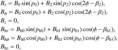 \begin{eqnarray} \label{fletcherregflds} && B_r = B_0 \sin(p_0) + B_2 \sin(p_2)\cos(2 \phi - \beta_2), \nonumber \\ && B_{\phi} = B_0 \cos(p_0) + B_2 \cos(p_2)\cos(2 \phi - \beta_2), \nonumber \\ && B_z = 0, \nonumber \\ && B_{\text{h}r} = B_{\text{h}0}\sin(p_{\text{h}0}) + B_{\text{h}1}\sin(p_{\text{h}1})\cos(\phi - \beta_{\text{h}1}), \nonumber \\ && B_{\text{h}\phi} = B_{\text{h}0}\cos(p_{\text{h}0}) + B_{\text{h}1}\cos(p_{\text{h}1})\cos(\phi - \beta_{\text{h}1}), \nonumber \\ && B_{\text{h}z} = 0, \end{eqnarray}