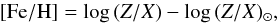 \begin{equation} [{\rm Fe/H}]=\log\, (Z/X)-\log \,(Z/X)_\odot\text{,} \end{equation}