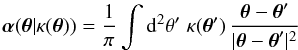 \begin{equation} \vc\alpha(\vc\theta|\kappa(\vc\theta)) ={1\over \pi}\int\d^2 \theta'\; \kappa(\vc\theta')\, {\vc\theta-\vc\theta'\over |\vc\theta-\vc\theta'|^2} \end{equation}