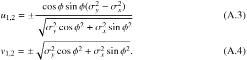 \appendix \setcounter{section}{1} \begin{eqnarray} && u_{1,2}=\pm \frac{\cos\phi\sin\phi(\sigma_{y}^2-\sigma_{x}^2)}{\sqrt{\sigma_{y}^2\cos\phi^2+\sigma_{x}^2\sin\phi^2}} \\ && v_{1,2}=\pm \sqrt{\sigma_{y}^2\cos\phi^2+\sigma_{x}^2\sin\phi^2}. \end{eqnarray}