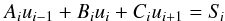 \begin{equation} \label{eqn:feaut5} A_{i}u_{i-1} + B_{i} u_{i} + C_{i} u_{i+1} = S_{\kern-.1em i} \end{equation}