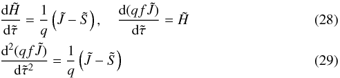 \begin{eqnarray} && \diff{\Htilde}{\tautilde}=\frac{1}{q}\left(\Jtilde-\Stilde\right), \quad \diff{(qf\Jtilde)}{\tautilde}=\Htilde\\ \label{eqn:momrt3} && \sdiff{(qf\Jtilde)}{\tautilde}=\frac{1}{q}\left(\Jtilde-\Stilde\right) \end{eqnarray}