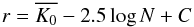 \begin{equation} \label{starcolordep} r = \overline{K_0} - 2.5 \log N + C \end{equation}