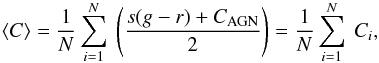 \begin{eqnarray} \langle C \rangle = \frac{1}{N} \sum\limits_{i=1}^{N}~\left(\frac{s (g-r)+C_{\rm AGN}}{2}\right) = \frac{1}{N} \sum\limits_{i=1}^{N}~C_i , \end{eqnarray}
