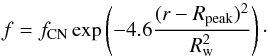 \begin{equation} \label{cnab} f = f_\mathrm{CN} \exp \left( -4.6 \frac{(r-R_\mathrm{peak})^2}{R_{\rm w}^2}\right)\cdot \end{equation}