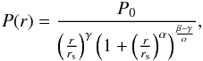 \begin{eqnarray} P(r) = \frac{P_0}{\left(\frac{r}{r_{\mathrm{s}}}\right)^{\gamma}\left(1+\left(\frac{r}{r_{\mathrm{s}}}\right)^{\alpha}\right)^{\frac{\beta-\gamma}{\alpha}}}, \label{eq:gNFW} \end{eqnarray}