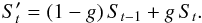 \begin{equation} \label{filtFirstOrder} S'_{t} = (1 - g) \, S_{t-1} + g \, S_{t} . \end{equation}