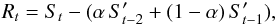 \begin{equation} \label{decalFraction} R_t = S_t - (\alpha \, S'_{t-2} + (1-\alpha) \, S'_{t-1}) , \end{equation}
