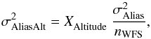 \begin{equation} \sigma^2_{\rm AliasAlt} = X^{}_{\rm Altitude} \ \frac{\sigma^2_{\rm Alias}}{n_{\rm WFS}} , \end{equation}