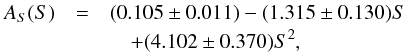 \begin{eqnarray} A_S (S)&=&(0.105 \pm 0.011)-(1.315 \pm 0.130)S \notag \\&&\quad + (4.102 \pm 0.370)S^2, \label{f_spot} \end{eqnarray}