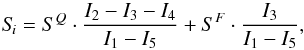\begin{equation} S\!_i = S^Q \cdot \frac{I_2-I_3-I_4}{I_1-I_5}+S^F \cdot \frac{I_3}{I_1-I_5}, \label{eq:S_i} \end{equation}