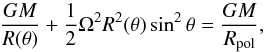 \begin{equation} \frac{GM}{R(\theta)}+\frac{1}{2}\Omega^2R^2(\theta)\sin^2\theta=\frac{GM}{R_{\textrm{pol}}}, \label{eq4} \end{equation}