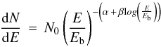 \begin{equation} \frac{\di N} {\di E}\,=\,N_0 \left( \frac{E}{E_{\rm b}} \right) ^{- \left( \alpha\,+\,\beta {\mathrm log} \left(\frac{E}{E_{\rm b}}\right) \right)} \end{equation}