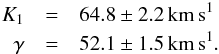 \begin{eqnarray*} K_1 & = & 64.8 \pm 2.2\,\mathrm{km\,s^{1}} \\ \gamma & = & 52.1 \pm 1.5\,\mathrm{km\,s^{1}}. \end{eqnarray*}