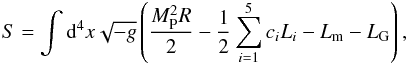 \begin{equation} \label{eq:action} S=\int {\rm d}^4x \sqrt{-g}\left( \frac{M_{\rm P}^2R}{2} - \frac{1}{2} \sum_{i=1}^{5} c_i L_i - L_{\rm m} - L_{\rm G}\right), \end{equation}