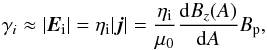 \begin{equation} \gamma_{i}\approx |\vec E_{\rm i}| = \eta_{\rm i} |\vec j| = \frac{\eta_{\rm i}}{\mu_{0}} \frac{\mathrm{d}B_{z}(A)}{\mathrm{d}A} B_{\rm p},\label{gammai} \end{equation}