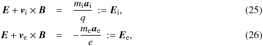 \begin{eqnarray} \label{Etot1}\vec E+ \vec v_{\rm i}\times\vec B &=&\frac{m_{\rm i}\vec a_{\rm i}}{q}\, :=\vec E_{\rm i}, \\ \label{Etot2}\vec E+ \vec v_{\rm e}\times\vec B &=&-\frac{m_{\rm e}\vec a_{\rm e}}{e}\, :=\vec E_{\rm e}, \end{eqnarray}
