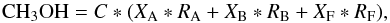 \begin{equation} {\rm CH_3OH} = C*(X_{\rm A}*R_{\rm A} + X_{\rm B}*R_{\rm B}+X_{\rm F}*R_{\rm F}), \end{equation}