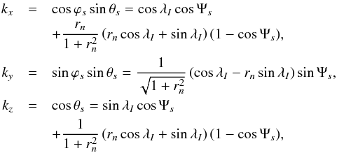 \begin{eqnarray} \label{eq_wave_vector} k_x &=& \cos \varphi_s \sin \theta_s = \cos \lambda_I \cos \Psi_s \\ \nonumber & & +\frac{r_n}{1+r_n^2} \left( r_n \cos \lambda_I + \sin \lambda_I \right)(1-\cos \Psi_s), \\ \nonumber k_y &=& \sin \varphi_s \sin \theta_s = \frac{1}{\sqrt{1+ r_n^2}} \left( \cos \lambda_I - r_n \sin \lambda_I \right) \sin \Psi_s, \\ \nonumber k_z &=& \cos \theta_s = \sin \lambda_I \cos \Psi_s \\ \nonumber & &+ \frac{1}{1+r_n^2} \left( r_n \cos \lambda_I + \sin \lambda_I \right)(1-\cos \Psi_s), \end{eqnarray}