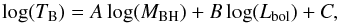 \begin{equation} \label{equation} \log(T_{\rm B}) = A\log(M_{\rm BH}) + B\log(L_{\rm bol}) + C, \end{equation}