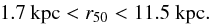 \begin{eqnarray} 1.7 \:\text{kpc} < r_{50} < 11.5~\text{kpc}. \end{eqnarray}