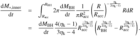 \appendix \setcounter{section}{1} \begin{eqnarray} \label{sfrinner} \dfrac{{\rm d}M_ {*,{\rm inner}}}{{\rm d}t} &=& \int_{R_{\rm acc}}^{R_{\rm BH}} 2\pi \dfrac{{\rm d}M_ {\rm BH}}{{\rm d}t} \dfrac{1}{\pi R_{\rm acc}^2} \left(\dfrac{R}{R_{\rm acc}}\right)^{-\frac{\eta_{\rm k}}{2(\eta_{\rm k}-1)}} R {\rm d}R \nonumber\\ &= &\dfrac{{\rm d}M_ {\rm BH}}{{\rm d}t}\frac{4(\eta_{\rm k}-1)}{3\eta_{\rm k}-4} R_{\rm acc}^{\frac{-3\eta_{\rm k}+4}{2(\eta_{\rm k}-1)}}\left(R_{\rm BH}^{\frac{3\eta_{\rm k}-4}{2(\eta_{\rm k}-1)}}-R_{\rm acc}^{\frac{3\eta_{\rm k}-4}{2(\eta_{\rm k}-1)}}\right). \end{eqnarray}