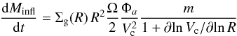 \begin{eqnarray} \label{massinflow} \frac{{\rm d}M_ {\rm infl} }{{\rm d}t} = \Sigma_{\rm g}(R)\,R^2 {\Omega\over 2} \frac{\Phi_a}{V_{\rm c} ^2} \frac{m}{1+ \partial\!\ln V_{\rm c} / \partial\! \ln R} \end{eqnarray}