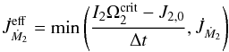 \begin{equation} \dot{J}_{\dot{M}_{2}}^{\mathrm{eff}}=\min\,\Biggl(\frac{I_{2}\Omega_{2}^{\mathrm{crit}}-J_{2,0}}{\Delta t},\dot{J}_{\dot{M}_{2}}\Biggr) \label{Jdot_crit} \end{equation}