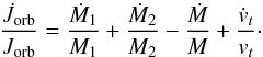 \appendix \setcounter{section}{2} \begin{equation} \frac{\dot{J}_{\mathrm{orb}}}{J_{\mathrm{orb}}}=\frac{\dot{M}_{1}}{M_{1}}+\frac{\dot{M}_{2}}{M_{2}}-\frac{\dot{M}}{M}+\frac{\dot{v}_{t}}{v_{t}}\cdot \label{Jdot_J} \end{equation}