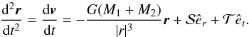 \appendix \setcounter{section}{2} \begin{equation} \frac{\mathrm{d}^{2}\vec{r}}{\mathrm{d}t^{2}}=\frac{\mathrm{d}\vec{v}}{\mathrm{d}t}=-\frac{G(M_1+M_{2})}{|r|^{3}}\vec{r}+\mathcal{S}\hat{e}_{r}+\mathcal{T}\hat{e}_{t}. \label{dv_dt} \end{equation}