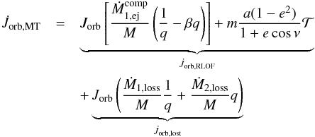 \appendix \setcounter{section}{2} \begin{eqnarray} \dot{J}_{\mathrm{orb,MT}} & = & \underbrace{J_{\mathrm{orb}}\left[\frac{\dot{M}_{1,\mathrm{ej}}^{\mathrm{comp}}}{M}\left(\frac{1}{q}-\beta{q}\right)\right]+m \frac{a(1-e^{2})}{1+e\cos\nu}\mathcal{T}}_{\dot{J}_{\mathrm{orb,RLOF}}}\nonumber \\ & & +\underbrace{J_{\mathrm{orb}}\left(\frac{\dot{M}_{1,\mathrm{loss}}}{M}\frac{1}{q}+\frac{\dot{M}_{2,\mathrm{loss}}}{M}q\right)}_{\dot{J}_{\mathrm{orb,lost}}} \label{J_orb_3} \end{eqnarray}