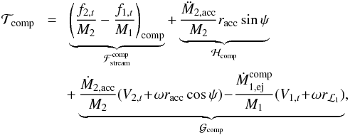 \begin{eqnarray} \mathcal{T}_{\mathrm{comp}} & \!= \! &\underbrace{\left(\frac{f_{2,t}}{M_{2}}-\frac{f_{1,t}}{M_{1}}\right)_{\mathrm{comp}}}_{\mathcal{F}_{\mathrm{stream}}^{\mathrm{comp}}}+\underbrace{\frac{\ddot{M}_{2,\mathrm{acc}}}{M_{2}}r_{\mathrm{acc}}\sin\psi}_{\mathcal{H}_{\mathrm{comp}}} \nonumber \\ & & \! +\underbrace{\frac{\dot{M}_{2,\mathrm{acc}}}{M_{2}}(V_{2,t} \!+ \!\omega r_{\mathrm{acc}}\cos\psi) \!- \!\frac{\dot{M}_{1,\mathrm{ej}}^{\mathrm{comp}}}{M_{1}}(V_{1,t} \!+ \!\omega r_{\mathrm{\mathcal{L}_{1}}})}_{\mathcal{G}_{\mathrm{comp}}},~~~~ \label{eq:Ty} \end{eqnarray}