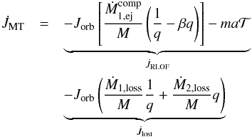 \begin{eqnarray} \dot{J}_{\mathrm{MT}} & = & \underbrace{-J_{\mathrm{orb}}\left[\frac{\dot{M}_{1,\mathrm{ej}}^{\mathrm{comp}}}{M}\left(\frac{1}{q}-\beta{q}\right)\right]-m a\mathcal{T}}_{\dot{J}_{\mathrm{RLOF}}}\nonumber \\ & & \underbrace{-J_{\mathrm{orb}}\left(\frac{\dot{M}_{1,\mathrm{loss}}}{M}\frac{1}{q}+\frac{\dot{M}_{2,\mathrm{loss}}}{M}q \right)}_{\dot{J}_{\mathrm{lost}}} \label{Jdot_stream} \end{eqnarray}