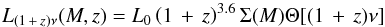 \begin{equation} L_{(1\,+\,z)\nu}(M,z)=L_0 \left(1\,+\,z\right)^{3.6} \Sigma(M) \Theta[(1\,+\,z)\nu] \label{eqn:lfunc} \end{equation}
