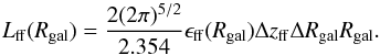 \begin{equation} \label{eq:8} L_{\rm ff}(R_{\rm gal})= \frac{2(2\pi)^{5/2}}{2.354} \epsilon_{\rm ff}(R_{\rm gal})\Delta z_{\rm ff} \Delta R_{\rm gal} R_{\rm gal}. \end{equation}