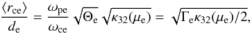 \appendix \setcounter{section}{1} \begin{equation} \label{equ:rce_over_de} \frac{\langle r_\mathrm{ce}\rangle}{d_\mathrm{e}} = \frac{\omega_\mathrm{pe}}{\omega_\mathrm{ce}} \sqrt{\Theta_\mathrm{e}} \sqrt{\kappa_{32}(\mu_\mathrm{e})} = \sqrt{\Gamma_\mathrm{e} \kappa_{32}(\mu_\mathrm{e})/2}, \end{equation}