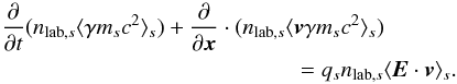 \appendix \setcounter{section}{2} \begin{equation} \label{equ:energy_relat_lab} \begin{aligned} \frac{\partial}{\partial t} (n_{\mathrm{lab},s}\langle\gamma m_sc^2\rangle_s) + \frac{\partial}{\partial \vec{x}}\cdot (n_{\mathrm{lab},s} \langle & \vec{v}\gamma m_sc^2\rangle_s) \\ & = q_s n_{\mathrm{lab},s}\langle \vec{E}\cdot \vec{v}\rangle_s. \end{aligned} \end{equation}