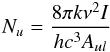 \begin{eqnarray} N_u = \frac{8\pi k \nu^2 I}{hc^3A_{ul}} \label{eq:Nu} \end{eqnarray}