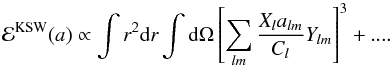 \begin{equation} \label{eq_kernel3} \mathcal{E}^{\rm KSW}(a) \propto \int r^2 {\rm d}r \int {\rm d}\Omega \left[ \sum_{lm} \frac{X_l a_{lm}}{C_l} Y_{lm} \right]^3 + ... . \end{equation}