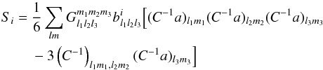 \begin{eqnarray} \label{eq_kswphase2} S_i &= &\frac{1}{6} \sum_{lm} G^{m_1m_2m_3}_{l_1l_2l_3} b^i_{l_1l_2l_3} \Big[ (C^{-1}a)_{l_1m_1} (C^{-1}a)_{l_2m_2} (C^{-1}a)_{l_3m_3} \nonumber\\ &&- 3 \left(C^{-1}\right)_{l_1m_1,l_2m_2} (C^{-1}a)_{l_3m_3} \Big] \end{eqnarray}