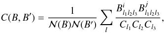\begin{equation} \label{eq_corr} C(B,B')=\frac{1}{\mathcal{N}(B) \mathcal{N}(B')} \sum_{l} \frac{ B^i_{l_1l_2l_3} B^j_{l_1l_2l_3} }{C_{l_1}C_{l_2}C_{l_3}}, \end{equation}