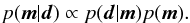 \begin{eqnarray} p(\vec{m}|\vec{d})\propto p(\vec{d}|\vec{m})p(\vec{m}).\label{eq:our-bayes-theorem} \end{eqnarray}