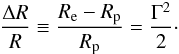 \begin{eqnarray} \frac{\Delta R}{R}\equiv\frac{R_{\rm e}-R_{\rm p}}{R_{\rm p}}=\frac{\Gamma^{2}}{2}\cdot\label{eq:rel-radius-diff-rotation} \end{eqnarray}