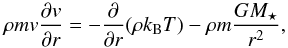 \begin{equation} \rho m v\frac{\partial v}{\partial r}=-\frac{\partial}{\partial r}(\rho k_{\rm B}T)-\rho m \frac{GM_{\star}}{r^2}, \label{eqParkerWind} \end{equation}