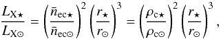 \begin{equation} \frac{L_{\rm X\star}}{L_{\rm X\odot}}=\left(\frac{\bar{n}_{\rm e c \star}}{\bar{n}_{\rm e c \odot}}\right)^{2}\left(\frac{r_{\star}}{r_{\odot}}\right)^3=\left(\frac{\rho_{\rm c \star}}{\rho_{\rm c \odot}}\right)^{2}\left(\frac{r_{\star}}{r_{\odot}}\right)^3, \label{eqXrayRatio} \end{equation}