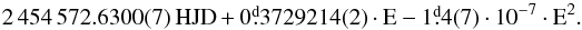 \appendix \setcounter{section}{6} \begin{equation} 2\,454\,572.6300(7) \thinspace {\rm HJD} + 0\fd3729214(2) \cdot {\rm E} - 1\fd4(7)\cdot 10^{-7} \cdot {\rm E^2}. \end{equation}