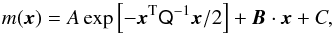 \appendix \setcounter{section}{1} \begin{equation} m(\vec{x}) = A \exp\left[-\vec{x}^{\rm T}\tens{Q}^{-1}\vec{x}/2\right] + \vec{B}\cdot\vec{x} + C , \end{equation}